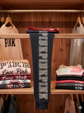 PINK Victoria's Secret Charcoal Logo Sweatpants with Pink Waistband